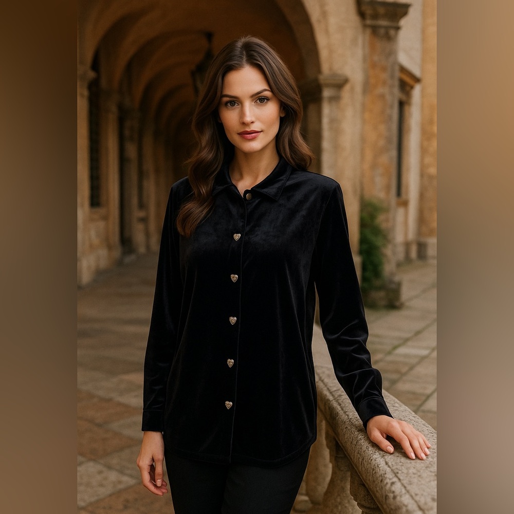 Blair Vintage Black Velvet Button Up Top Large Heart Button Up Long Sleeve 90s